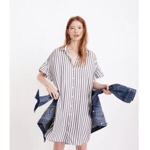 Madewell Striped Courier Ruffle-Sleeve Shirtdress Size XS Relaxed Soft Gray